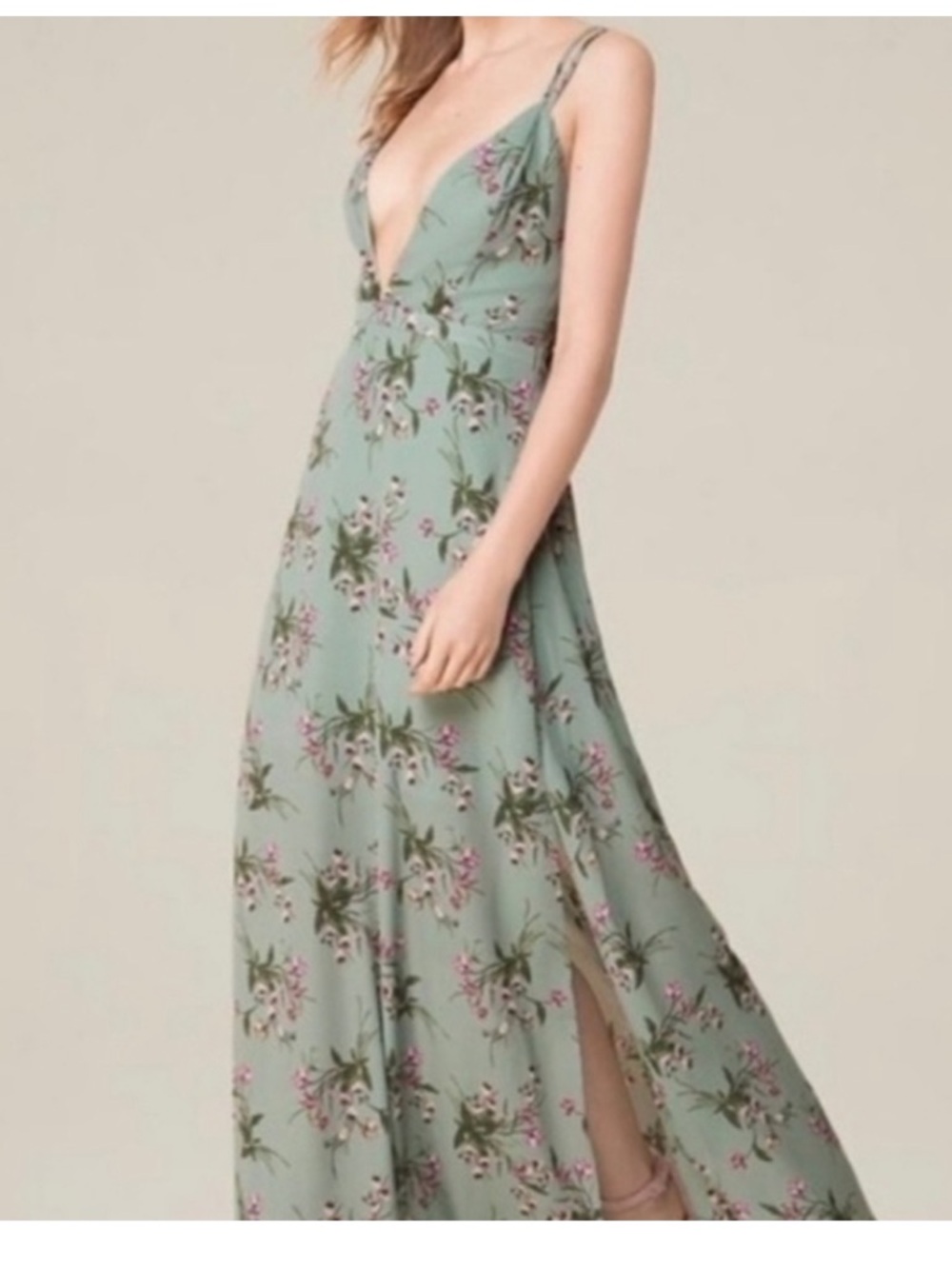 bebe Floral Plunge Maxi Dress in Mint Green with Pink Blossoms